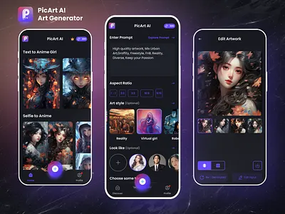 Picart AI Art Generator ai art ai generator anime ai art chat gpt clean design commic create image dark darkmode generation image image art mobile mobile ui picart promt quote ui ux