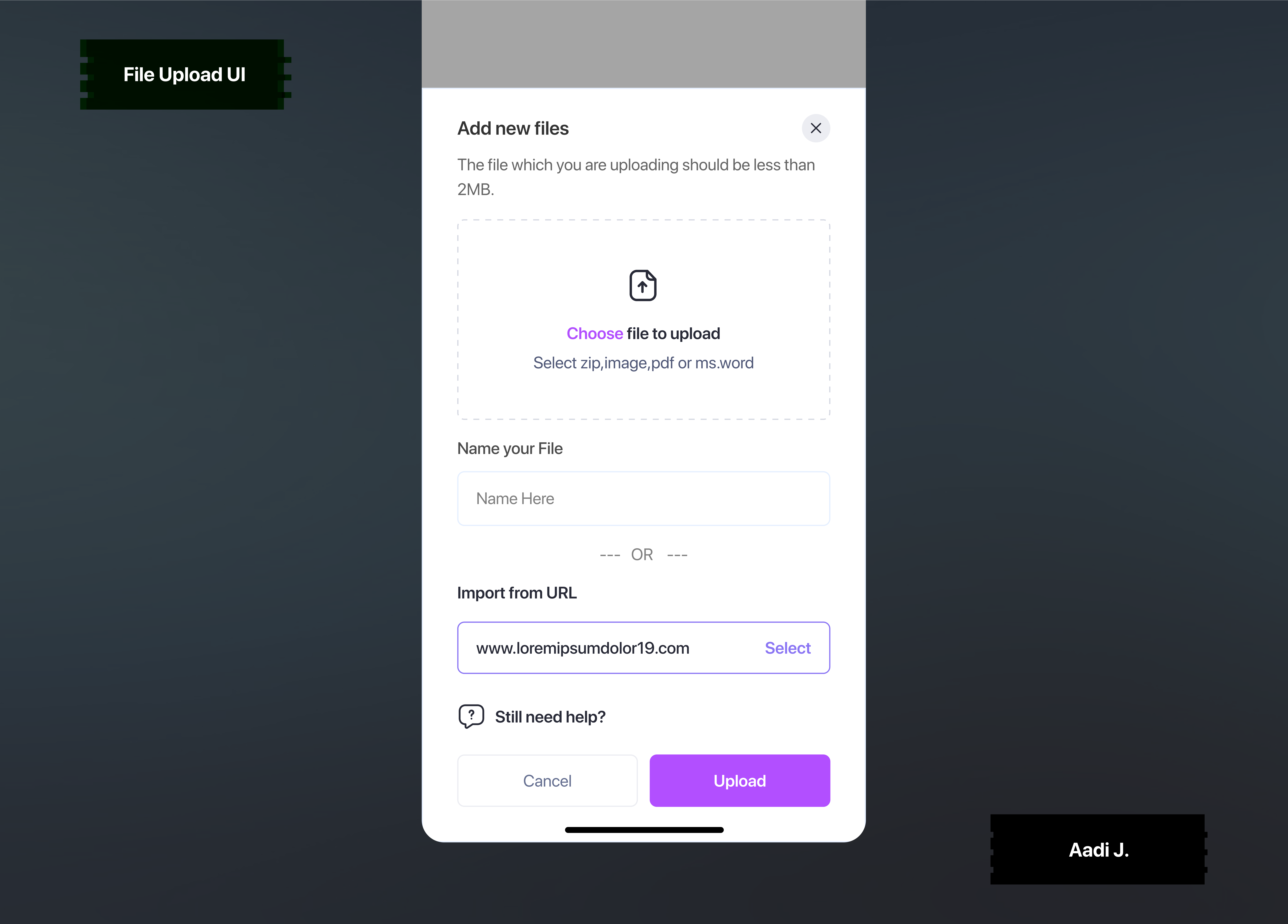 File Upload screen - Application Design Concept add file app clean documents minimal mobile app modern purple ui upload file
