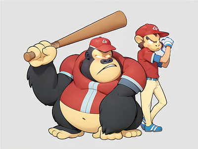 Gorilla and Monkey Baseball Team 3d baseball cartoon gorilla jersey mascot monkey pastel rendering stick team