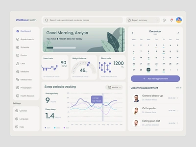 WellEase Health - Telemedicine Dashboard analytics appointment dashboard dashboard design doctor doctor appointment health health analytics health dasboard heart rate monitor medicine product product design saas sleep tracker telemedicine telemedicine dashbaord web dashboard