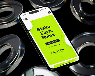 Stake. Earn. Relax. | Web3 UI Mockup 3d bitcoin blender branding crypto design ethereum illustration interface iphone logo mobile mockup ui