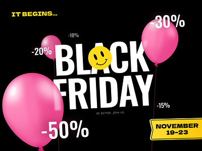 Black Friday (2023 edition) art balloon banner black black friday discount flag graphic design percent pink playful sale smile yelllow