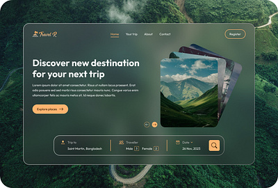 Travel landing page hero section UI design (vision pro concept) color graphic design green grid system hero section landing page hero logo nature travel traveller typography ui ux vision pro visual design website