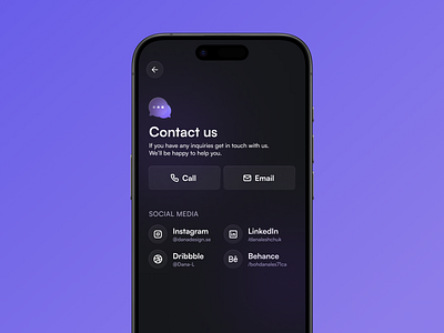 Contact page app UI app contact dark mode glasmorphism social media ui