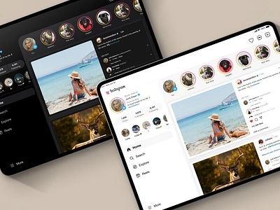 Instagram- iPad landscape mode - dark & light UI ☀️🌙 app design design figma insta instagram ios ipad ipad insta portrait mode product design ui ui design uiux ux web design