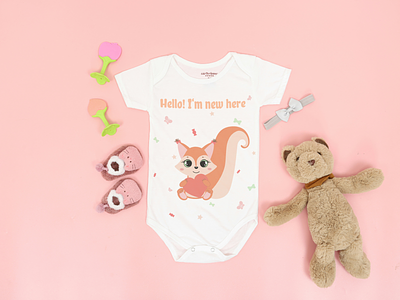 Cute baby bodysuit adobeillustrator baby bodysuit baby girl bow butterfly candy cute eyes cute personage graphic design illustration new born clothes peach pallete colors squirrel star