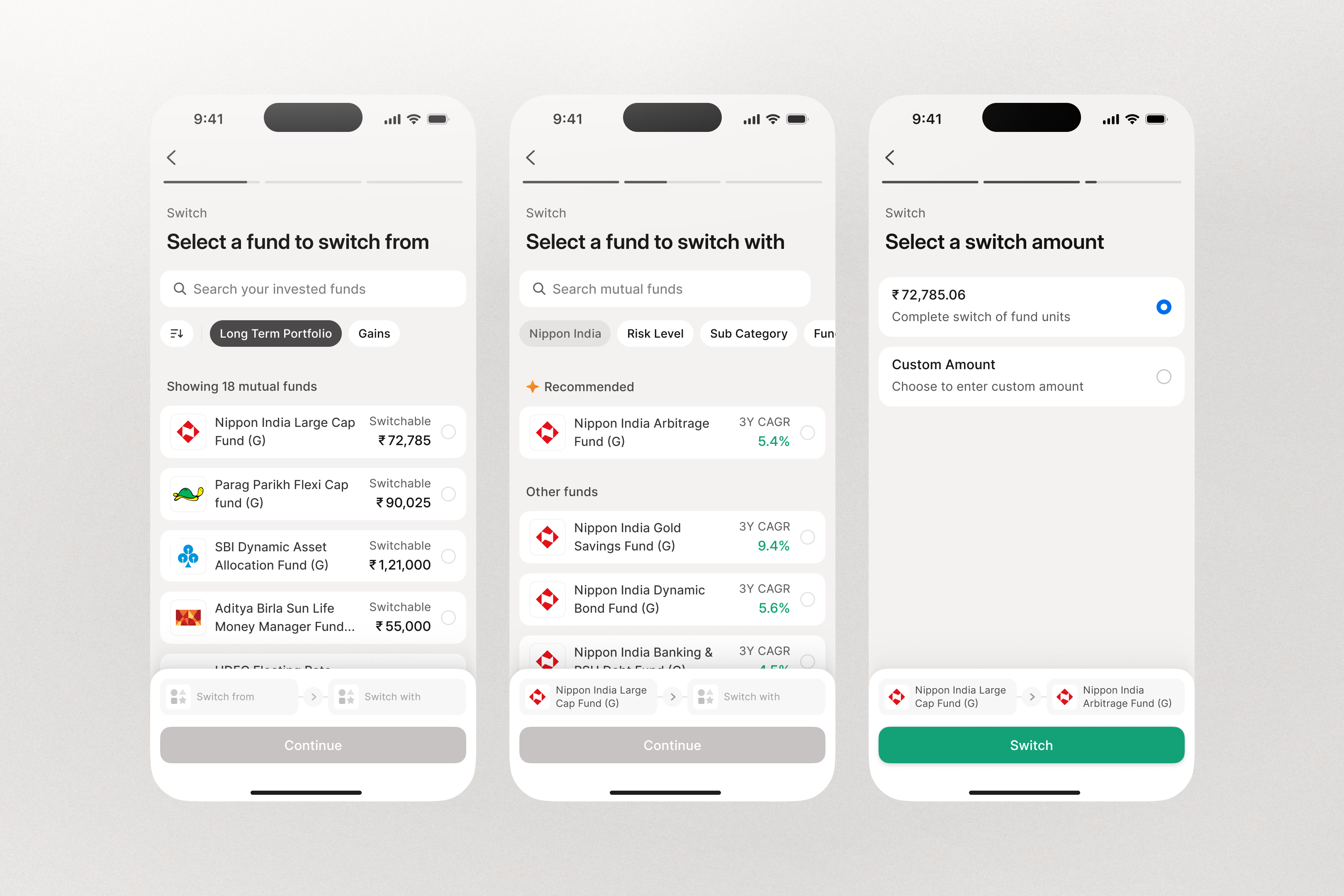 Switch Fund Experience indian apps investment investment app light mode mobile app product design scripbox sticky dock switch switch funds switching