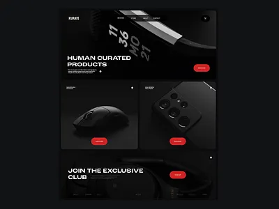 Kurate Tech Reviews/Store Website black branding dark dark mode design ecommerce interface landing page minimal store tech products typography ui ux web web design website