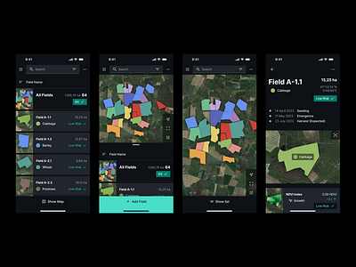 Farm Field Management ag agriculture app crop dark design digital farm field map mobile precision satellite smart ui ui design uiux ux view vra