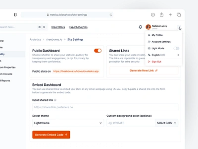 ⚡️ Metrica • Site Analytics Dashboard [Site Settings] button dashboard dashboard design design dropdown embed dashboard generate button hover option settings site site settings toggle ui ux visibility web app web design