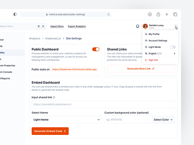 ⚡️ Metrica • Site Analytics Dashboard [Site Settings] button dashboard dashboard design design dropdown embed dashboard generate button hover option settings site site settings toggle ui ux visibility web app web design