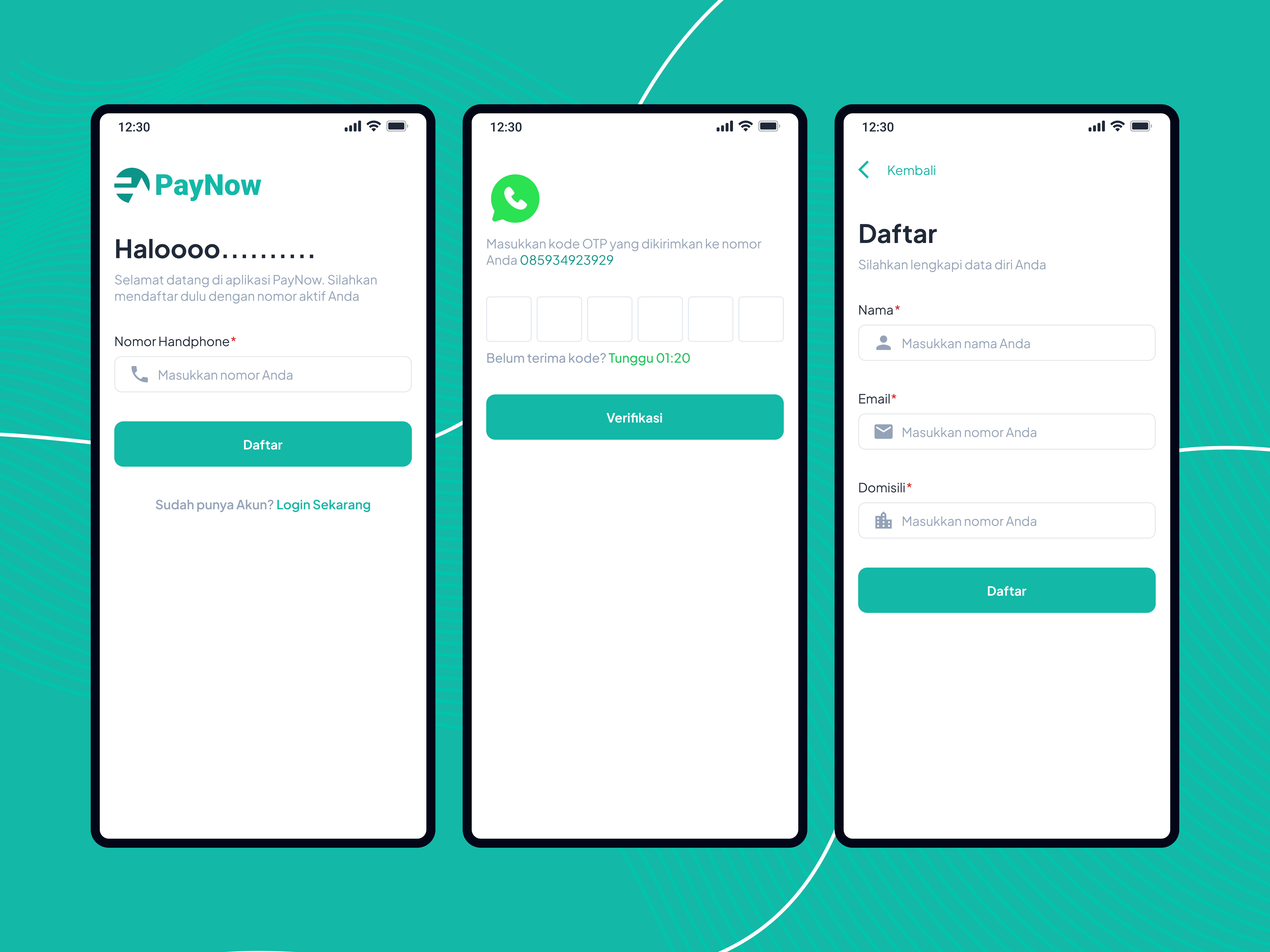 Registration and Login PayNow App in Bahasa android app design ecommerce figma mobile profile registration ui user interface ux