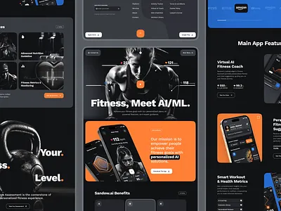 sandow Web UI: AI Fitness & Diet Website | AI Fitness Assistant artificial intelligence blue dark mode diet diet app fitness fitness app fitness website gym app gym website healthcare landing page nutrition orange sport website typography ui ui kit web design web template