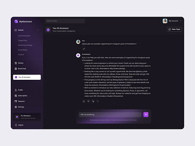 My AIssintant ai aiassintant aiui aiwriter chat gpt 4 chatgpt dalle dark mode purple ui uiux