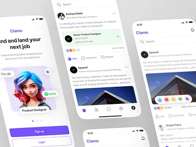 ✨ Clamo - Job Portal App app app design clean colorfull job job app job portal linkedin mobile job app pastel ui uiux