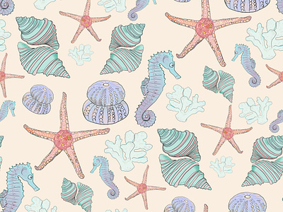 A walk to the beach background beach beach pattern beige design fashion pattern graphic design hand drawn home decor print illustration pattern pattern design print design sea horse pattern sea pattern seamless pattern shell pattern textile pattern watercolor