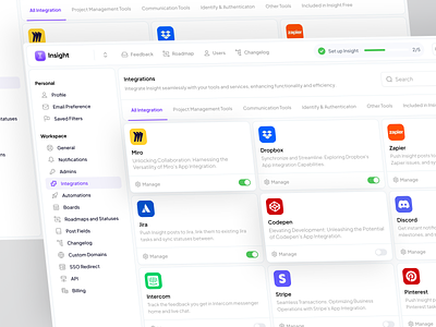 Integrations - Insight b2b b2c board clean communication crm customer customer feedback management dashboard design integration management minimal product design saas settings tools ui user interface ux