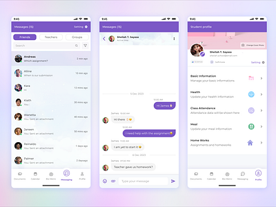 Messaging and data managing mobile app chat collage app data graphic design profile school school app school mobile app student app student data ui