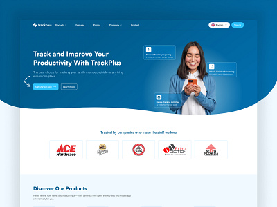 TrackPlus - UI Landing Page blue design hero section landing page ui uiux user interface