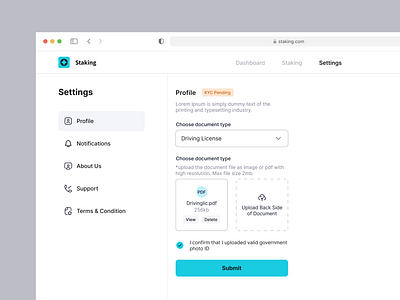 Settings page | Staking Platform application crypto kyc settings staking ui upload ux wallet web app