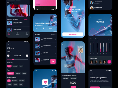 Be Fit - Fitness App UI Kit app app design cards chart dark mode filters fitness fitness app graph logo minimal mobile mobile app statistics stats stylish ui kit ux workout yoga