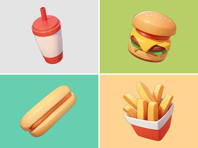 Fast Food Icons Illustration 3d burger cartoon clay cute drink fast food french fries hot dog icon illustration pastel rendering soda