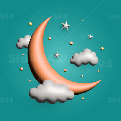 A vector Ramadan 3D crescent moon with stars and clouds graphic design green