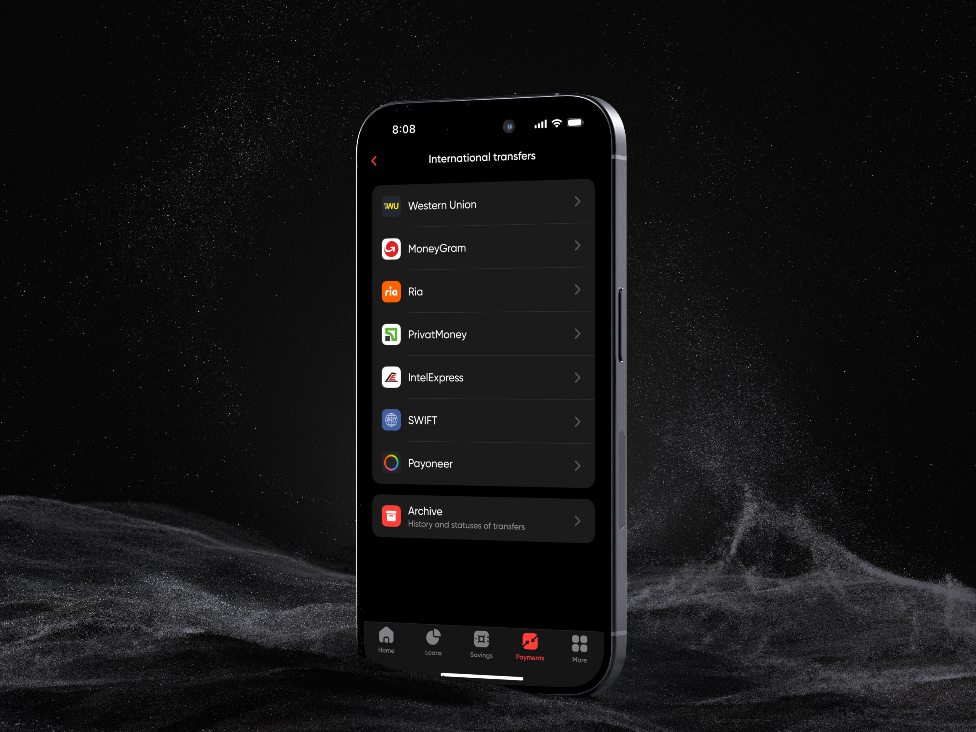 International Transfers in PUMB－Banking App app design banking clean dark mode finance fintech interface ios iphone mockup mobile mobile banking money transfer ui