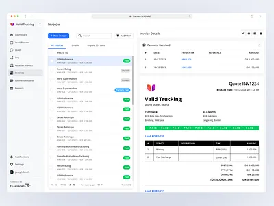 Transporta - Invoices b2b dashboard installment invoice load logistic retainer saas shipping ui ux web app webapp