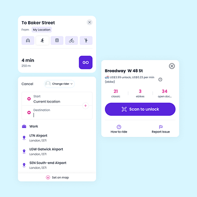 Mobility UI Cards and Elements appdesign bike rental bolt e bike figma lyft mobile ride sharing scan to unlock scooter uber ui uikit uiux ux