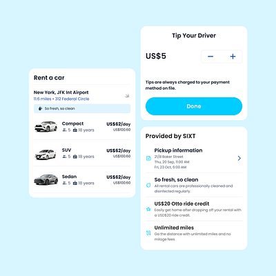 Mobility UI Cards and Elements appdesign bolt car rental figma lyft mobile rent a car ride sharing tip your driver uber ui uikit uiux ux