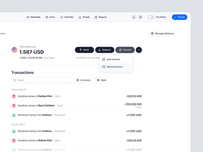 Arto Plus - Balance Overview - Convert Menu auto convert balance details convert financial app manual convert menu payment product design saas saas design transactions ui ux web design