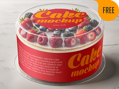 Free Cake Mockup. AI Generated bakery blackberries blueberries box cake cream dessert food free freebie fruit label mockup pack package plastic raspberries strawberry