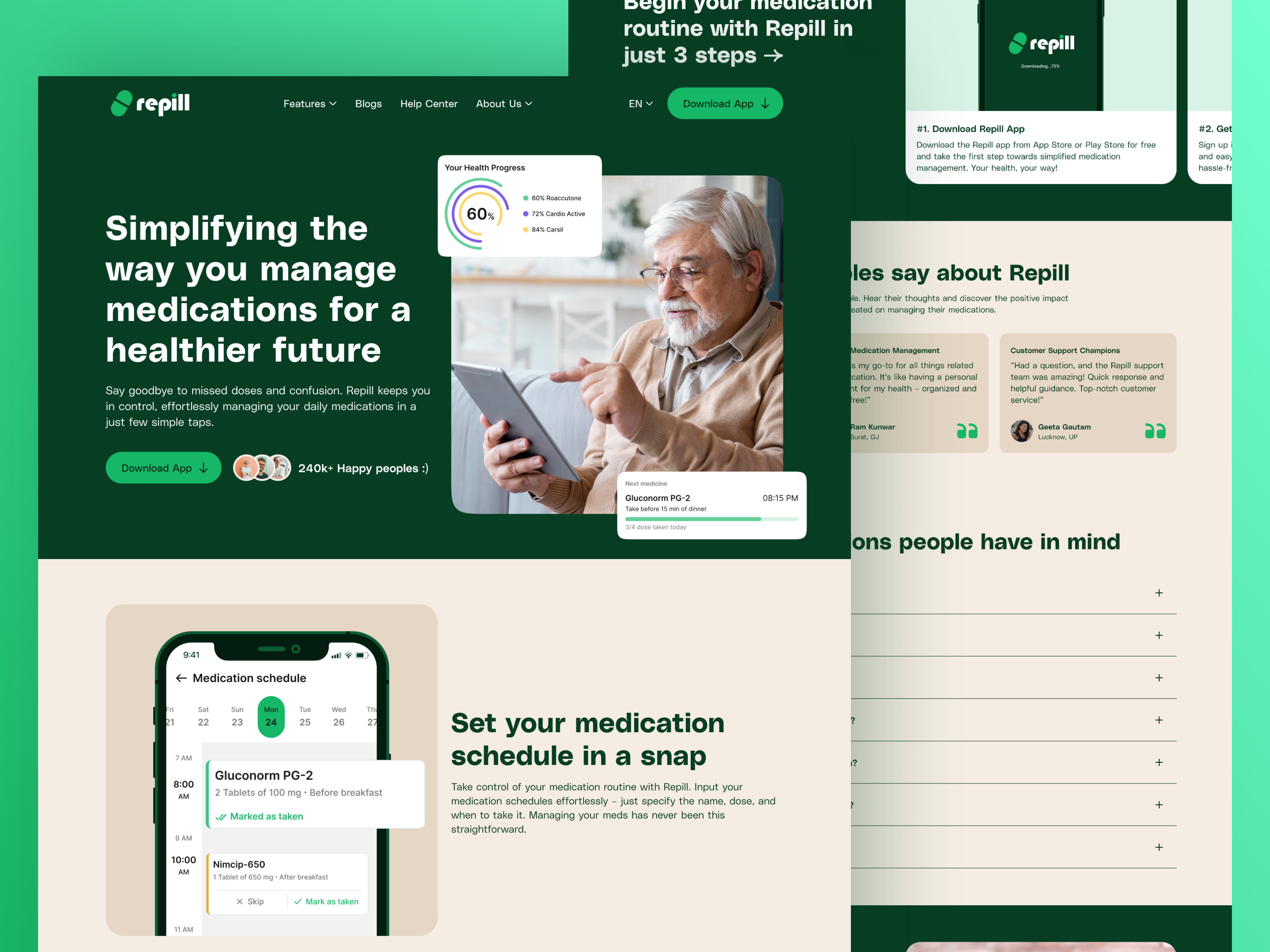 Repill - Landing page Design of a Medication Management App adobe xd figma green landing page landing page design medication app medication landing page medicine app medicine tracker app mobile app responsive website saas landing page trending web design ui design ux design web web design web ui web uiux website design
