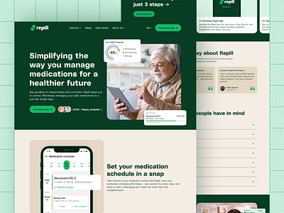 Repill - Landing page Design of a Medication Management App adobe xd figma green landing page landing page design medication app medication landing page medicine app medicine tracker app mobile app responsive website saas landing page trending web design ui design ux design web web design web ui web uiux website design