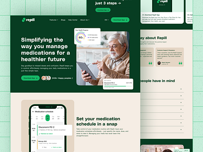 Repill - Landing page Design of a Medication Management App adobe xd figma green landing page landing page design medication app medication landing page medicine app medicine tracker app mobile app responsive website saas landing page trending web design ui design ux design web web design web ui web uiux website design