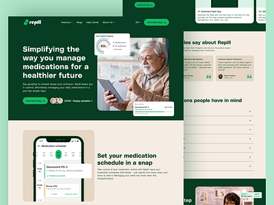 Repill - Landing page Design of a Medication Management App adobe xd figma green landing page landing page design medication app medication landing page medicine app medicine tracker app mobile app responsive website saas landing page trending web design ui design ux design web web design web ui web uiux website design