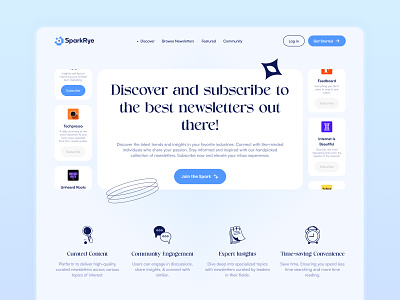 SparkRye: Redefining Newsletter Discovery | UI/UX Design Concept agency community engagement concept curated content discovery landing page modern design newsletter newsletter platform ui uiux design user experience web design website