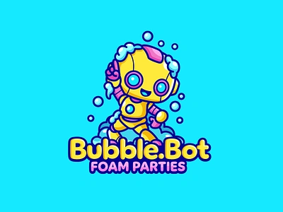 Dancing Robot branding bubbles cartoon logo cute logo cute mascot cute robot mascot dancing robot event foam party funny mascot funny robot happy robot illustrative logo kids logo mascot logo party playful logo robot logo vintage robot