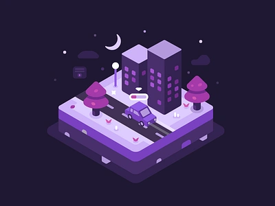 Night ride building car design drive game geometric graphic design illustration isometric moon night ride road sleep stars tree vector