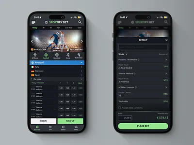 Sportsbook - Mobile App betting bettingonsport branding darkui figma footballbets ios iphone iphone14 iphone14pro logo mobileapp mobileui onlinecasino rotato sportbets sportify sportsbook ui