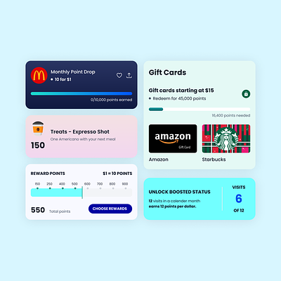 Gamification UI Cards and Elements amazon appdesign dashboard figma gamification gift cards mobile app redeem rewards starbucks ui uikit uiux ux