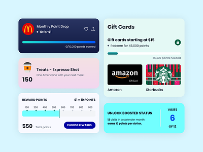 Gamification UI Cards and Elements amazon appdesign dashboard figma gamification gift cards mobile app redeem rewards starbucks ui uikit uiux ux