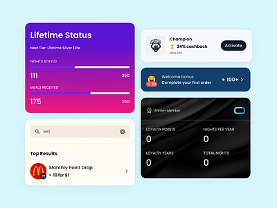 Gamification UI Cards and Elements appdesig appdesign figma gamification loyalty membership membership status mobile app redeem rewards rewards ui uikit uiux ux