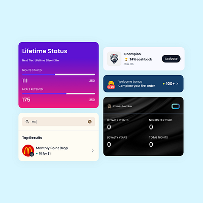 Gamification UI Cards and Elements appdesig appdesign figma gamification loyalty membership membership status mobile app redeem rewards rewards ui uikit uiux ux