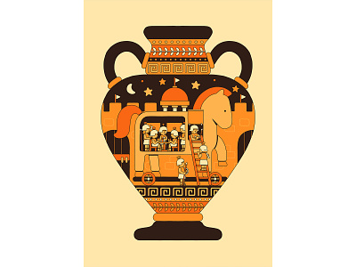 Trojan Horse adobe digitalart digitaldesign flatdesign horse illustration illustrator line linework muti orange pattern soliders stars torjanhorse vase vector