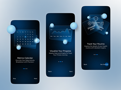 Pedometer App Onboarding 3d app ui activity app ui calendar counter dark ui date tracker fitness fitness tracker glassmorphism glassmorphism ui gradient ui graphs habit tracker onboardings pedometer step counter steps ui design