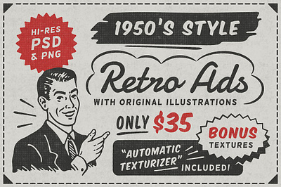 1950s Style Retro Ad Templates 1950s style 1950s style retro ad templates advertisement banner black and white frame housewife man newspaper ads photoshop effect retro guy sale salesman supermarket template textured effect woman