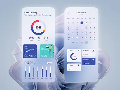 Pedometer - step counter activity app ui calendar calendar ui calories cardio app ui fitness tracker goals graph health tracker heart rate medical pedometer progress sport step counter steps tracker app ui design walk
