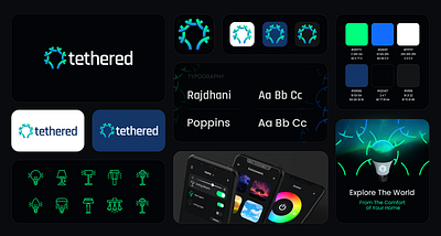 Tethered - A Tech Company Developing Eco-friendly Smart Lights blue brand identity branding bulb combination logo gradient green led light lighting logo northern lights smart t tether tethered tree